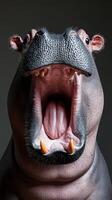 Hippo with wide open mouth showcasing teeth and vivid details in close-up shot against a dark background photo
