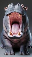 Majestic hippopotamus with wide open mouth displaying impressive teeth in studio setting photo