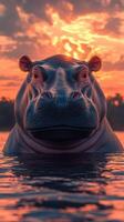 Hippo emerging from the water at sunset in a serene landscape with colorful clouds in the background photo