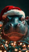 Hippo wearing a red Christmas hat surrounded by festive lights during the holiday season photo