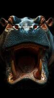 Captivating close-up of a hippo displaying its massive mouth in a striking dark background photo