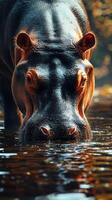Hippo wading through calm waters at sunset creating a serene natural habitat photo