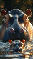 Hippos swimming in calm water during sunset with one young hippo and a playful atmosphere captured in serene environment photo