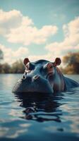 Hippo swimming in calm waters under a clear blue sky during midday photo