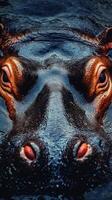 Large hippopotamus eyes emerge from water during sunset at an African river photo