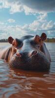 Large hippo emerging from the water under a partly cloudy sky in a natural habitat during the afternoon photo
