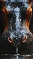 Close-up view of a hippo drinking water in a natural habitat during a sunny day photo