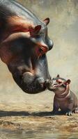 Hippopotamus mother and calf sharing a tender moment by the water in a serene landscape photo
