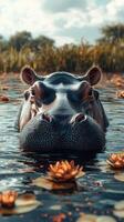 Hippo relaxing among water lilies in a serene wetland habitat during a bright sunny afternoon photo