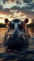 Hippo emerging from water at sunset in a serene natural habitat photo