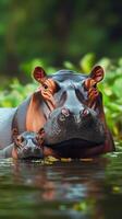 Mother hippopotamus and her calf resting peacefully in a serene river setting at dawn photo