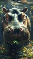 Hippopotamus underwater in a lush habitat enjoying greenery during a serene day photo