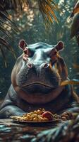 Majestic hippo resting in lush habitat during golden hour with fruit meal nearby photo