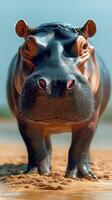 Hippo stands majestically by the water's edge in bright sunlight, showcasing strong features and curious expression in a natural habitat photo