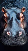 Hippo emerges from water, showcasing its large face and eyes in a close-up view during daytime photo