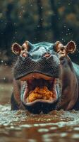 Hippo enjoys its meal while submerged in muddy water at a riverbank during a sunny afternoon photo