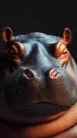 Realistic depiction of a hippo showcasing detailed textures and features in soft lighting against a dark background photo