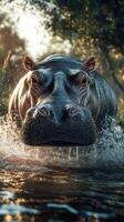 Hippo swimming in water at sunset with intense focus on its face and majestic surroundings photo