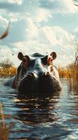 Majestic hippopotamus gazes from a tranquil river at dusk in a serene wetland habitat photo