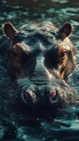 Hippo rests in water as sunlight highlights its features in a serene environment photo