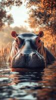 Hippo partially submerged in water among tall grass at sunset by a riverbank photo