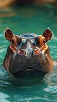 Hippopotamus swims in clear water during a sunny day at a wildlife sanctuary photo