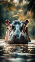 Hippo emerges from water in a lush environment, showing details of water droplets and serene surroundings photo