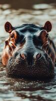 Close encounter with a hippo in serene water at golden hour during an African safari photo