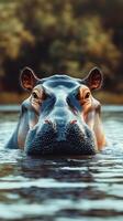 Hippo swimming in calm waters during golden hour near a lush background in a natural habitat photo