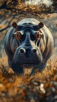 A close encounter with a majestic hippo in a sunlit savanna during golden hour, capturing its powerful presence and serene surroundings photo