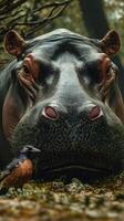 Large hippo relaxing near a small bird in a lush natural habitat during daytime photo