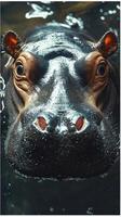 Close-up view of a hippopotamus underwater showcasing its features and expression in a natural habitat photo