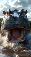 Hippo emerges from water with mouth wide open, showcasing powerful jaws and large teeth in natural habitat during daytime photo