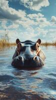 Hippo swimming in calm waters surrounded by tall grass under a clear sky in the late afternoon light photo