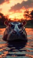 Hippopotamus in water at sunset creating a serene atmosphere in the wild photo
