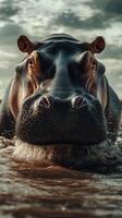 Hippo emerging from the water during golden hour in an African river landscape photo