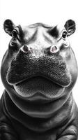 Hippo portrait showcasing unique features in black and white against a bright background photo