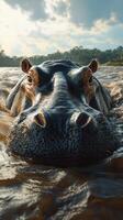 Hippo swimming in river water during golden hour at a natural habitat photo