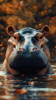 Hippo basking in warm sunlight while partially submerged in calm waters surrounded by autumn leaves photo
