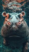 Majestic hippopotamus swims gracefully beneath the surface of clear water in natural habitat during daylight hours photo
