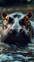 Close encounter with a hippo in a serene water setting during early morning hours at a wildlife reserve photo
