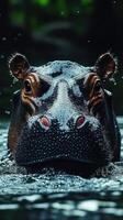 Hippo emerges from water with splashes in a lush habitat during a summer afternoon photo