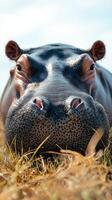 Hippo resting in the grassland during a sunny afternoon in a wildlife reserve photo