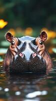 Close-up of a hippo's face emerging from peaceful water surrounded by lily pads in a lush environment at midday photo