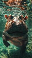 Hippopotamus swims gracefully underwater in a clear blue habitat during daylight photo
