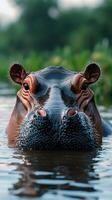 Close-up view of a hippopotamus partially submerged in water during a bright sunny day in a natural habitat photo