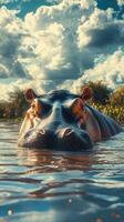 Hippo in a serene river setting under a bright sky during midday hours photo
