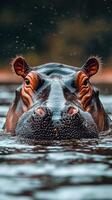 Hippo emerging from water in a serene river setting during late afternoon photo