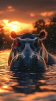 Hippo emerges from the water at sunset, creating ripples with its presence in a serene natural landscape photo