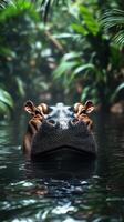 Hippo emerging from serene waters surrounded by lush greenery in a tropical habitat at dusk photo